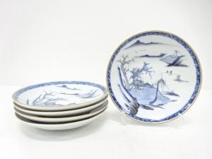 九谷焼　染付　山水　八寸皿　5客揃